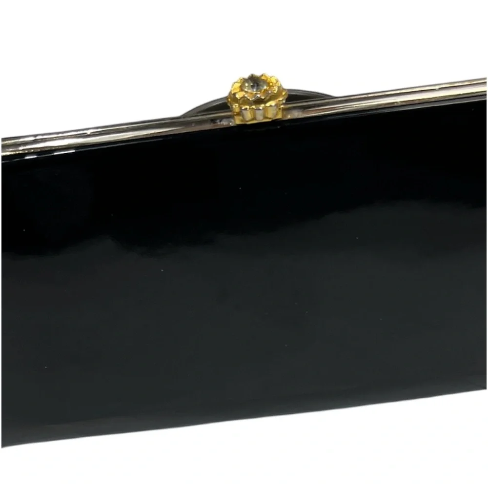 Vintage Patent Leather Evening Clutch Kiss Lock Gold Rhinestone Flower